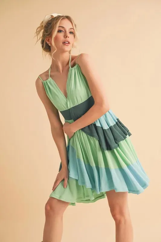Ruffled Color Block Sleeveless Green Mini Dress