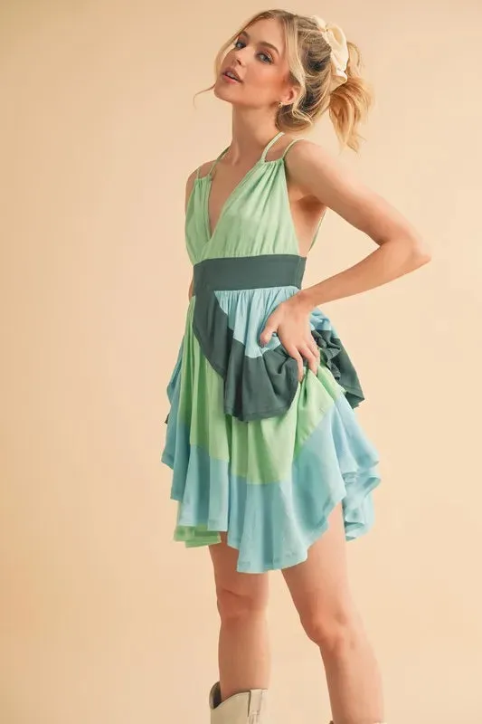 Ruffled Color Block Sleeveless Green Mini Dress