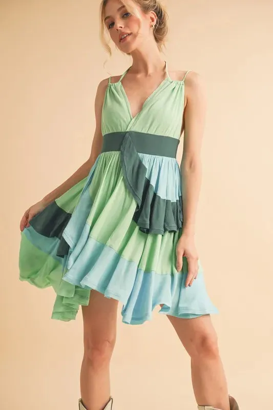 Ruffled Color Block Sleeveless Green Mini Dress