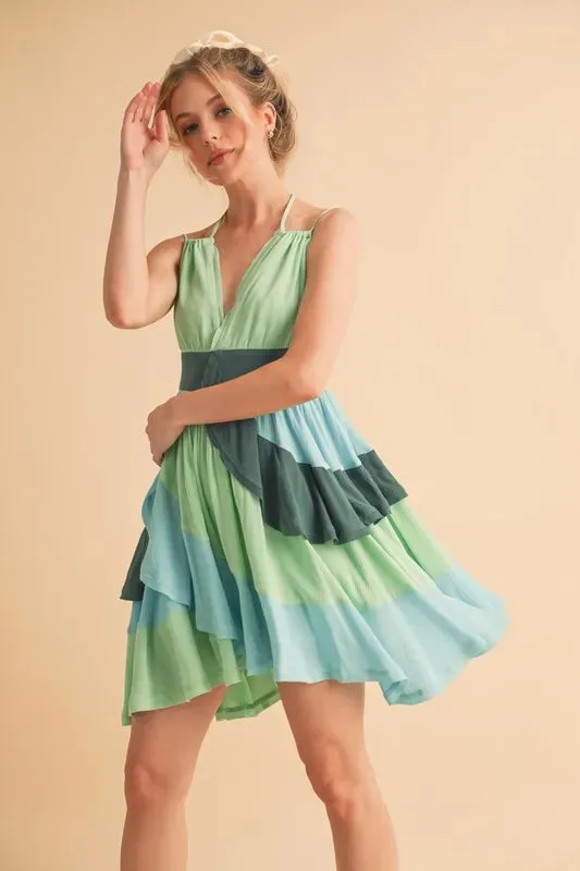 Ruffled Color Block Sleeveless Green Mini Dress