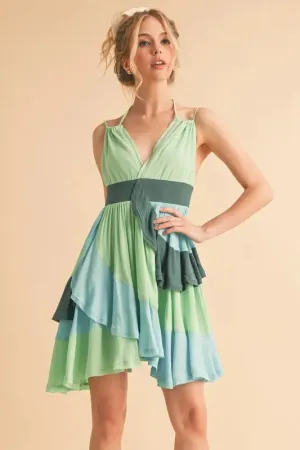 Ruffled Color Block Sleeveless Green Mini Dress