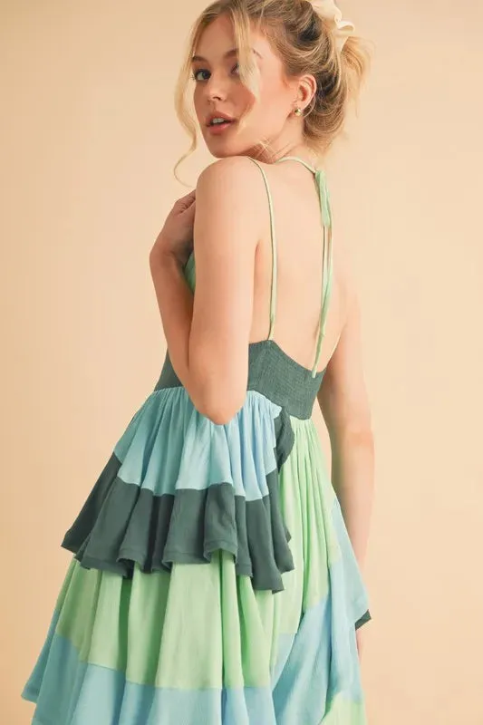 Ruffled Color Block Sleeveless Green Mini Dress