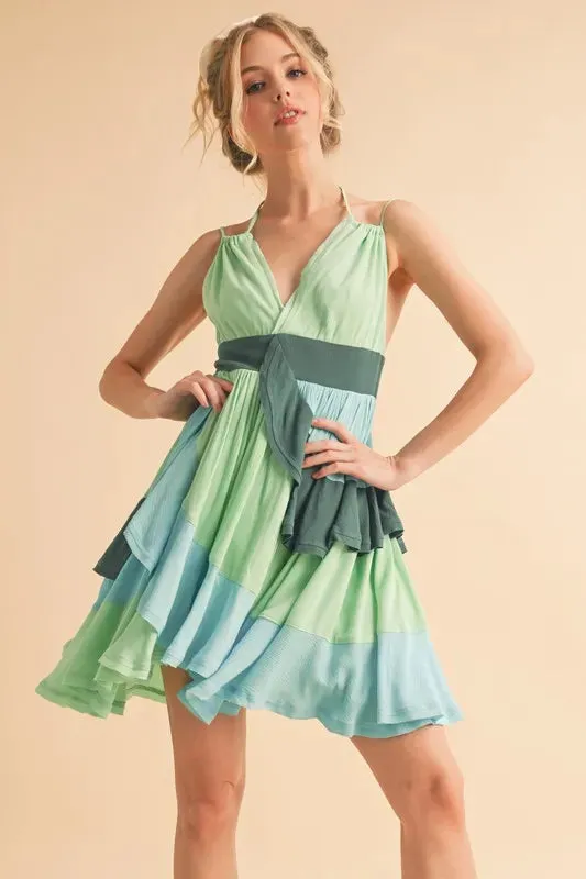 Ruffled Color Block Sleeveless Green Mini Dress