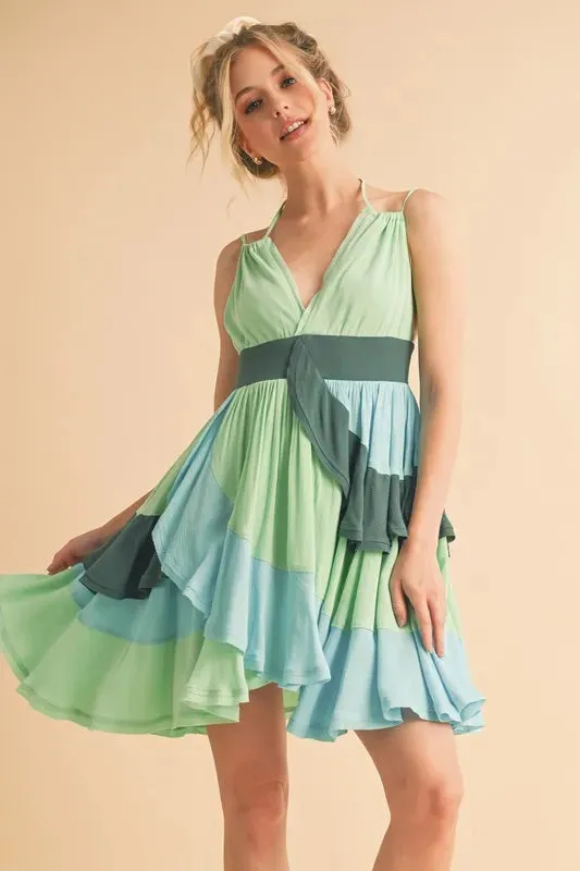 Ruffled Color Block Sleeveless Green Mini Dress