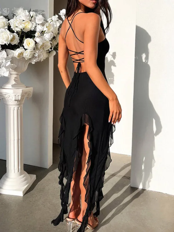 Ruffled Hem Bodycon Mini Dress with Spaghetti Straps