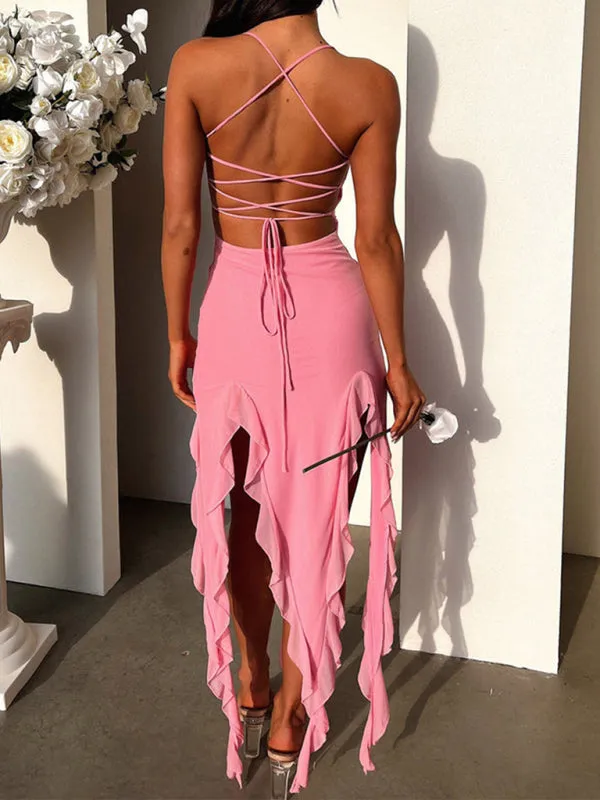 Ruffled Hem Bodycon Mini Dress with Spaghetti Straps