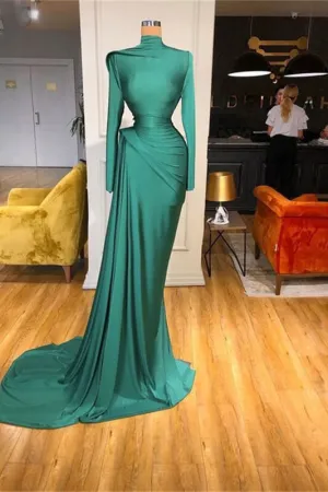 Ruffled Mermaid Prom Gown with High Neck and Long Sleeves