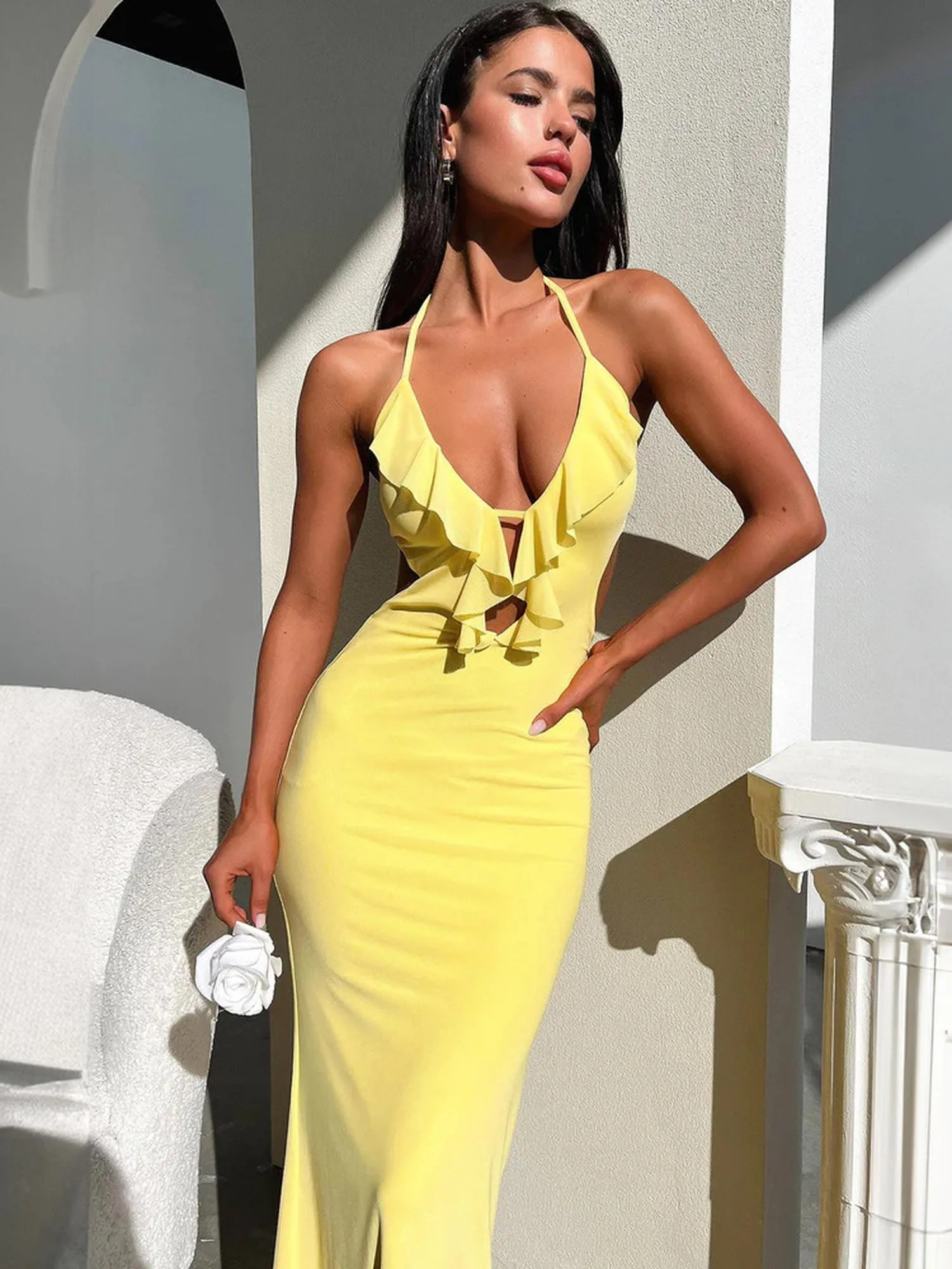 Ruffled Neck With Cut Out Dress