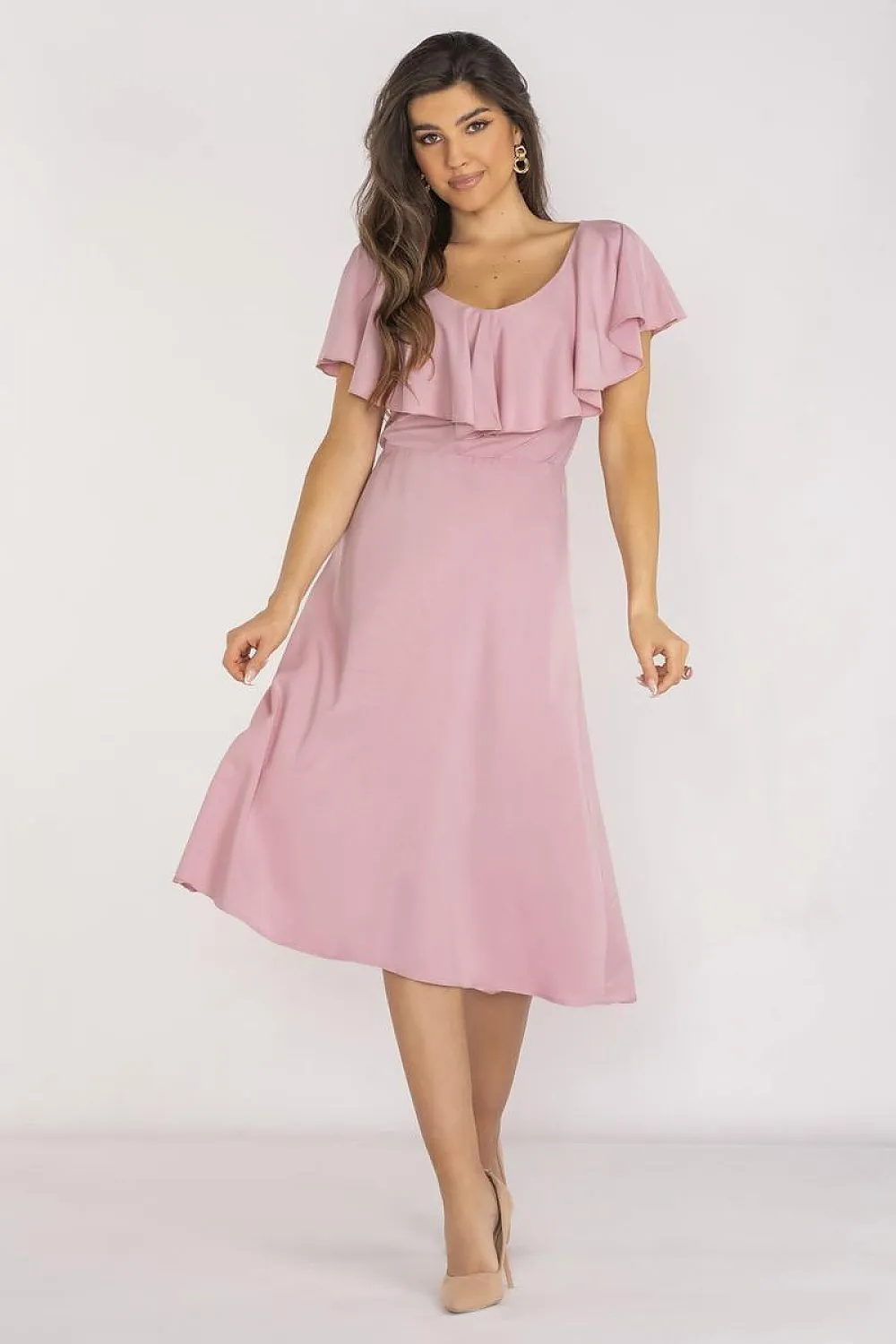 Ruffled Neckline Midi Dress
