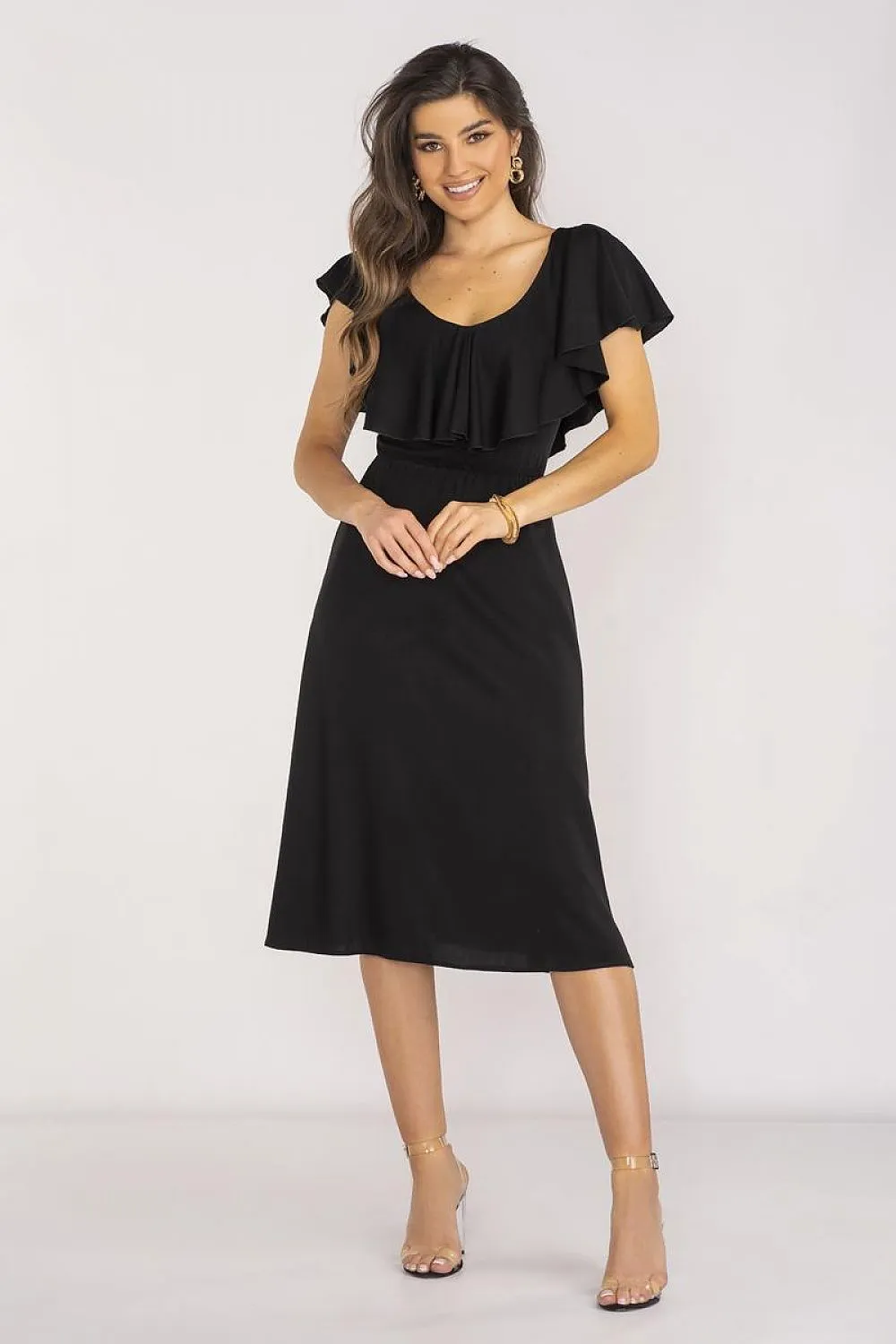 Ruffled Neckline Midi Dress