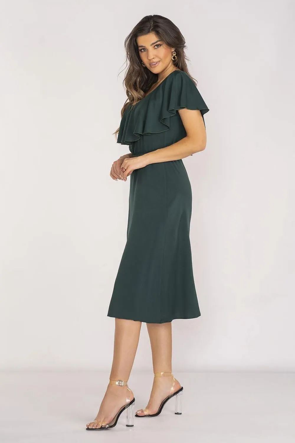 Ruffled Neckline Midi Dress