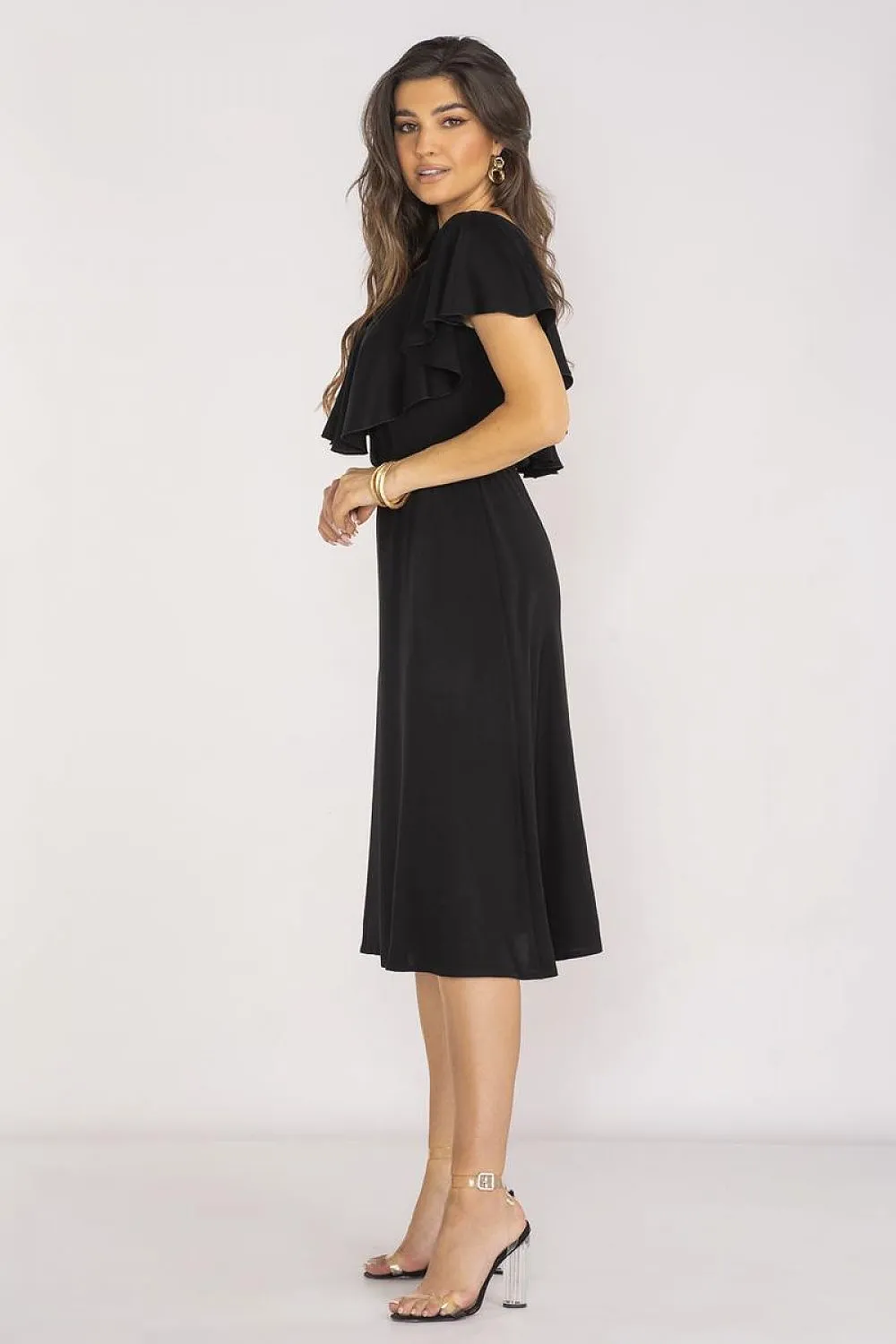 Ruffled Neckline Midi Dress