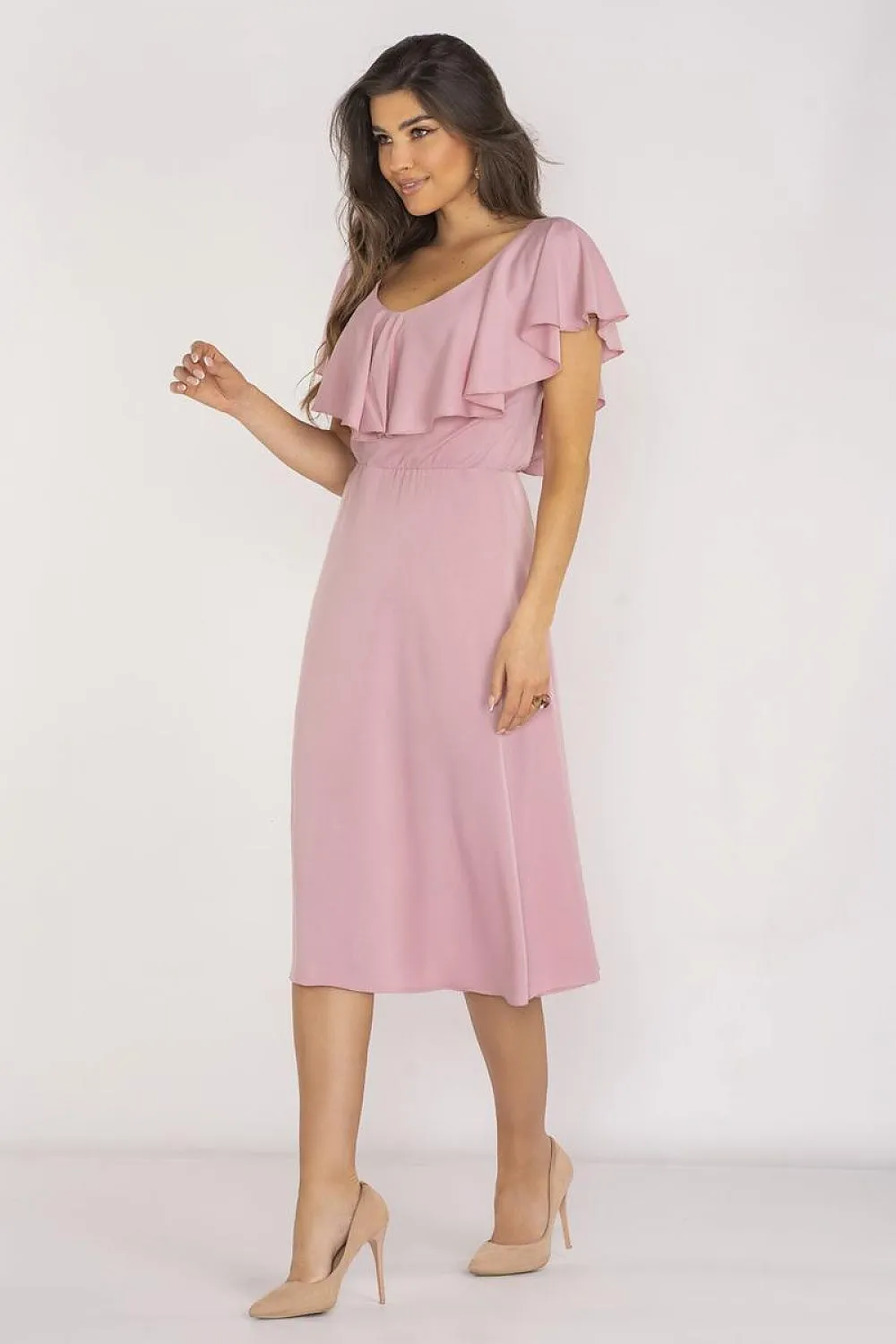 Ruffled Neckline Midi Dress