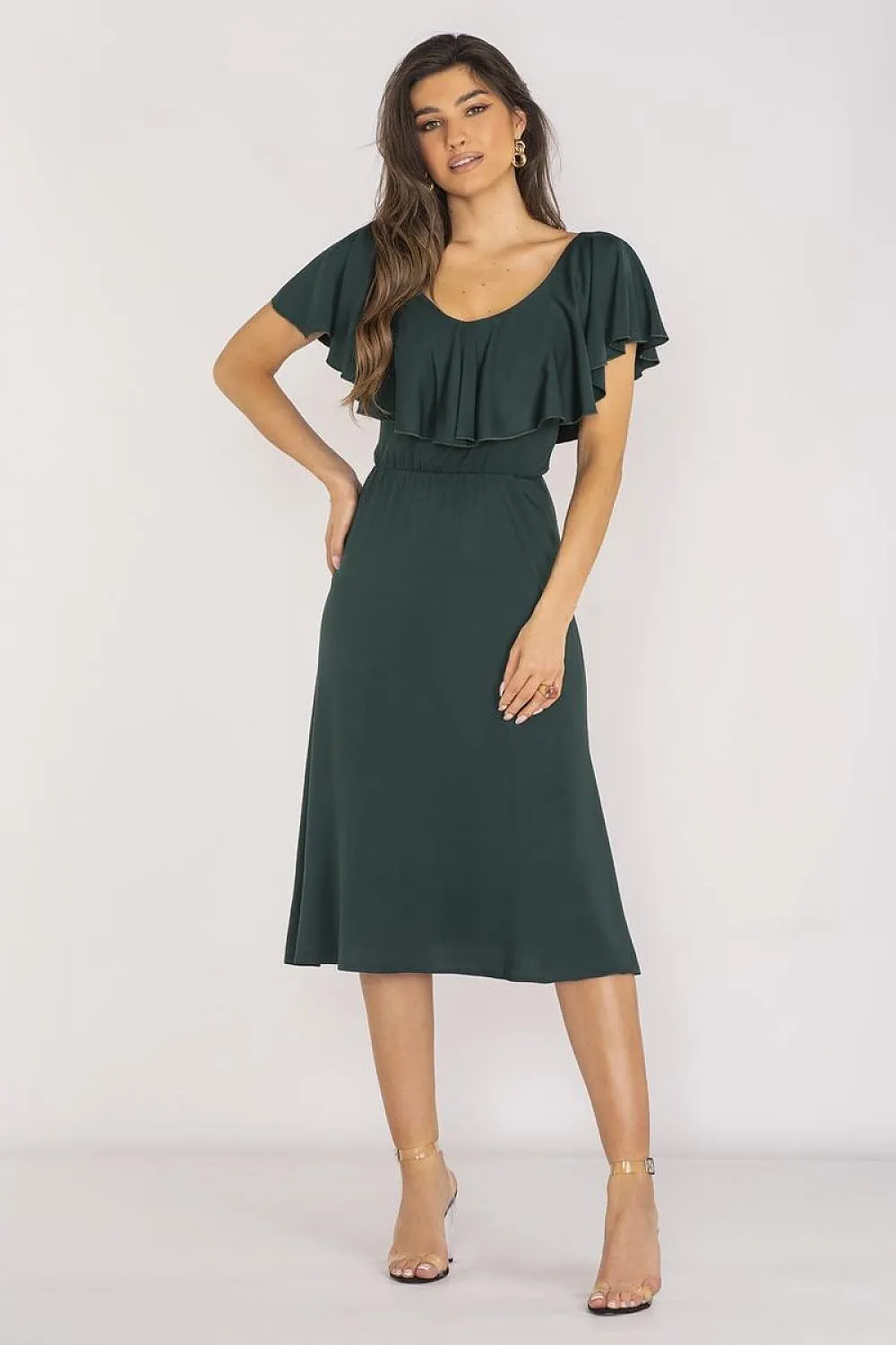 Ruffled Neckline Midi Dress