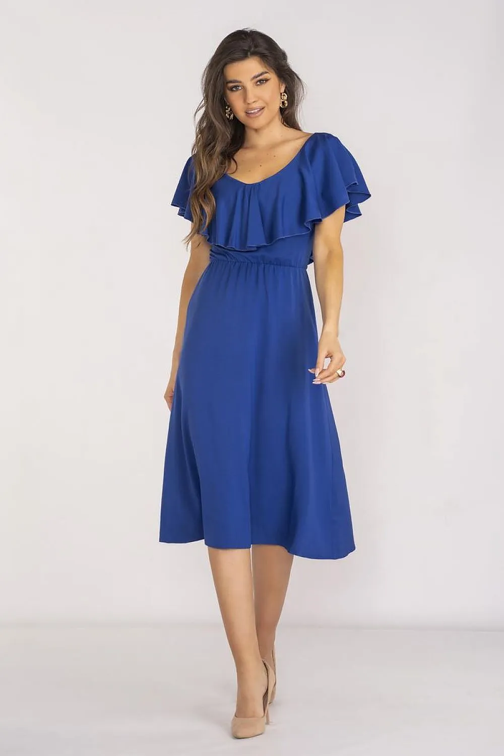Ruffled Neckline Midi Dress