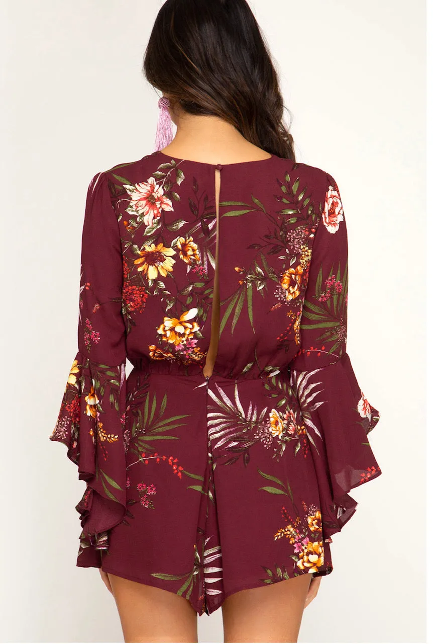 Ruffled Sleeve Floral Romper
