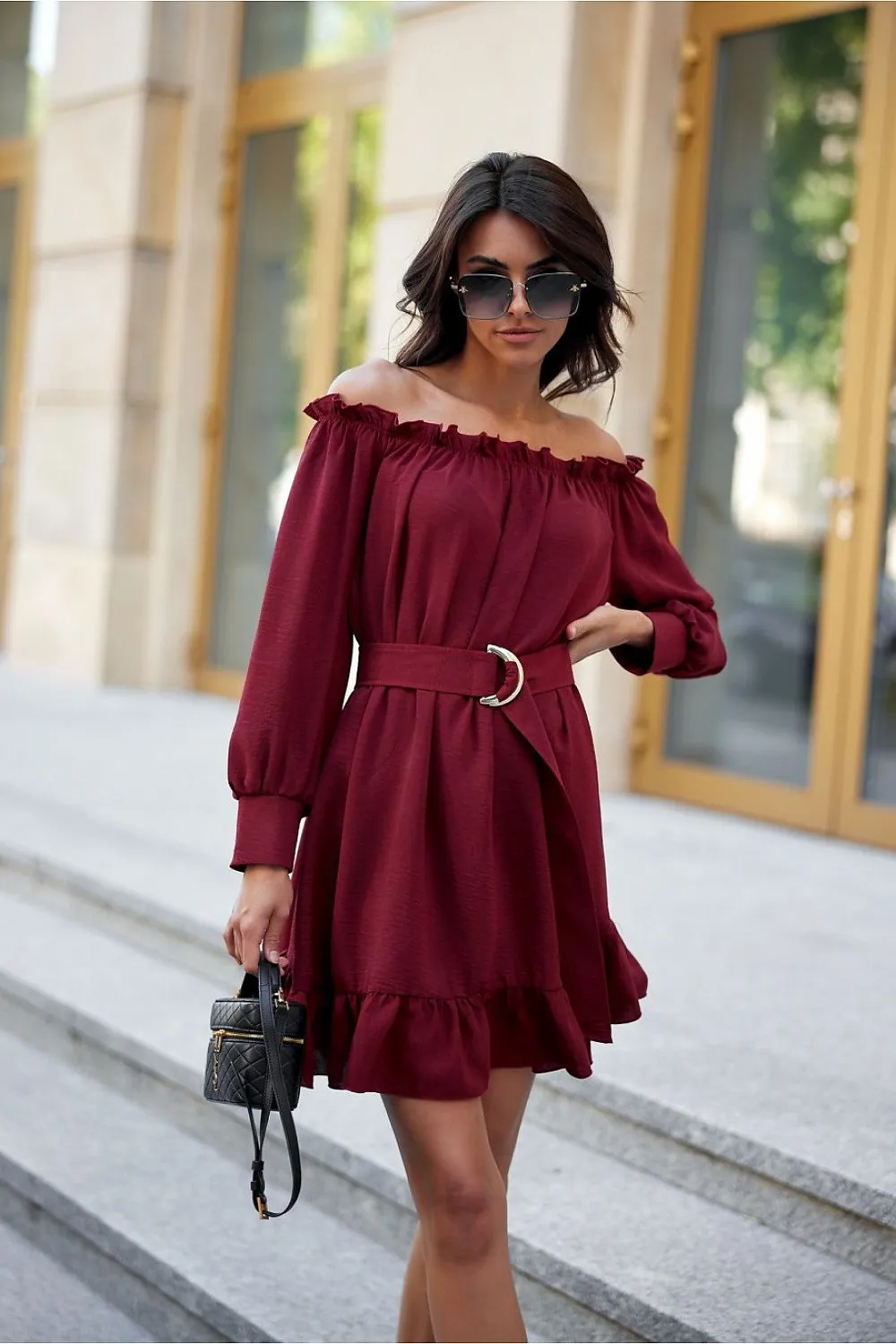 Ruffled Trapeze Dress with Belt