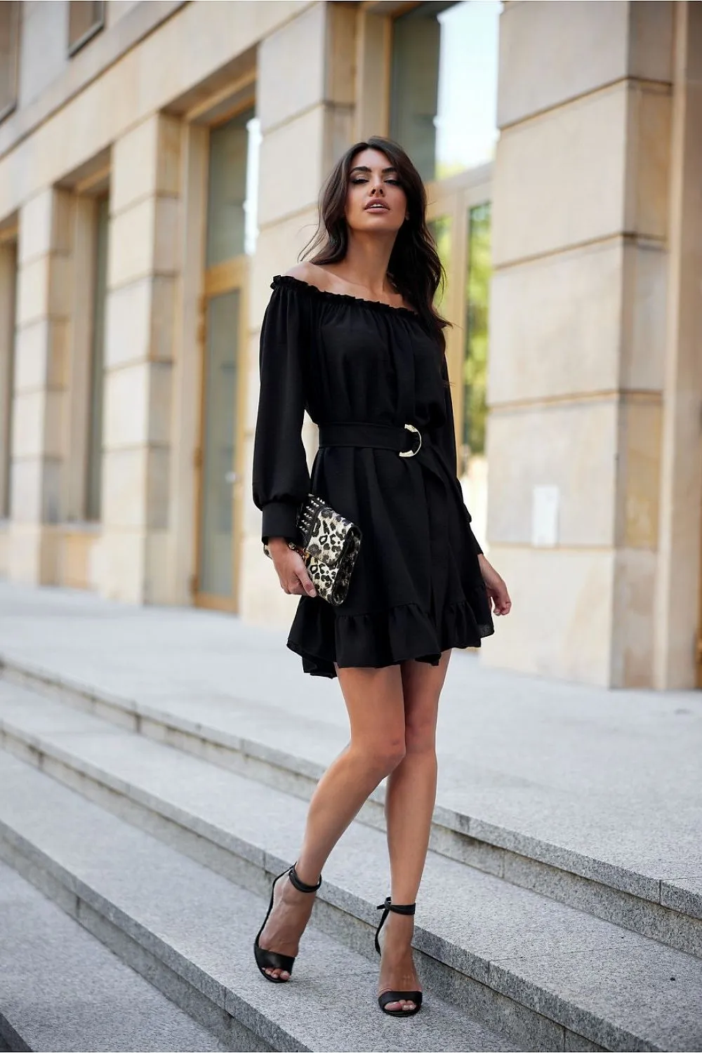 Ruffled Trapeze Dress with Belt