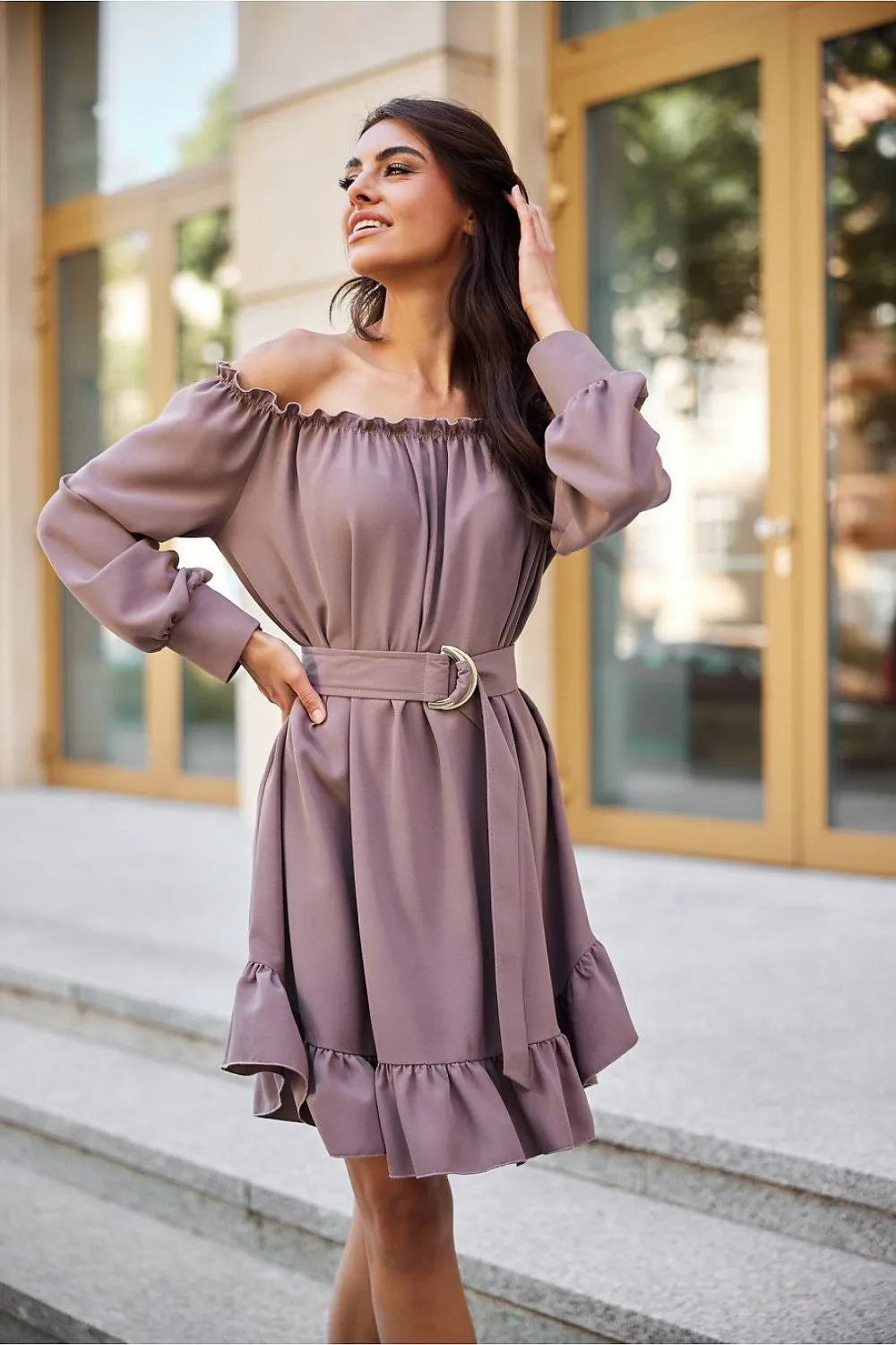 Ruffled Trapeze Dress with Belt
