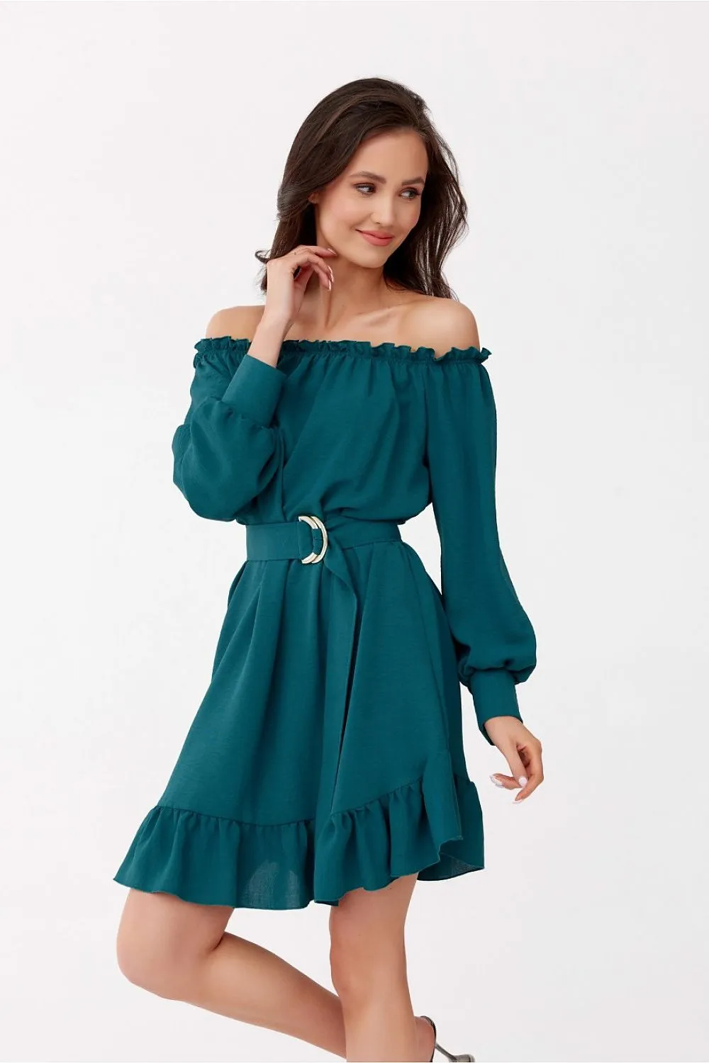 Ruffled Trapeze Dress with Belt
