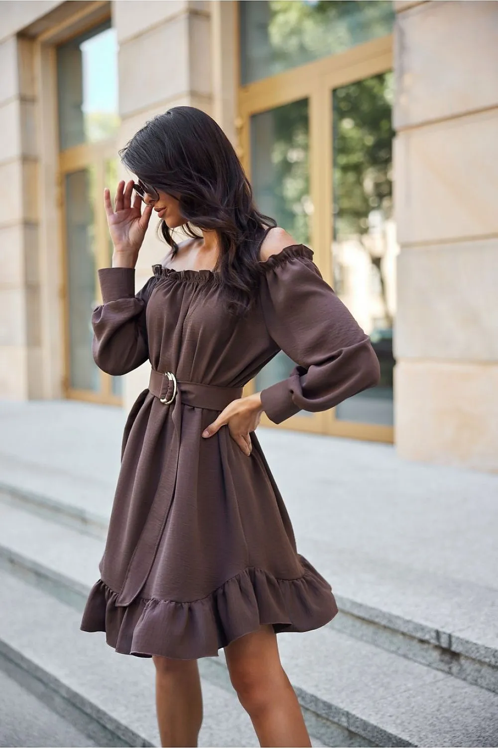 Ruffled Trapeze Dress with Belt