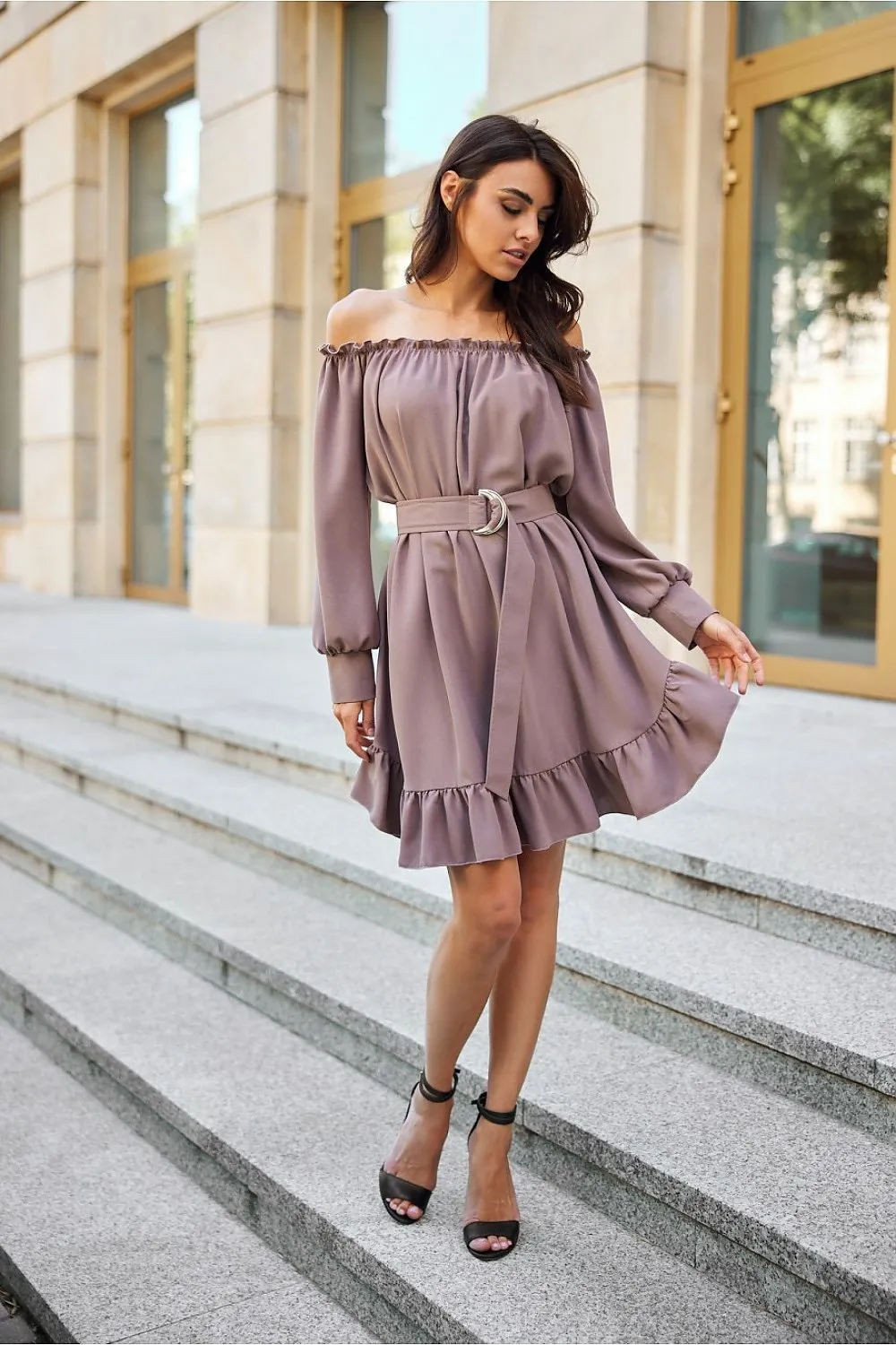 Ruffled Trapeze Dress with Belt