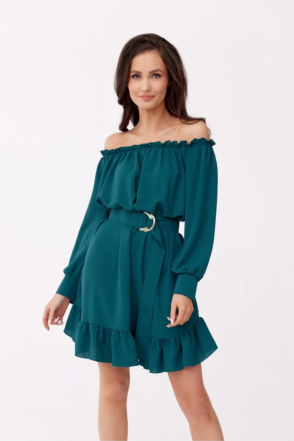 Ruffled Trapeze Dress with Belt