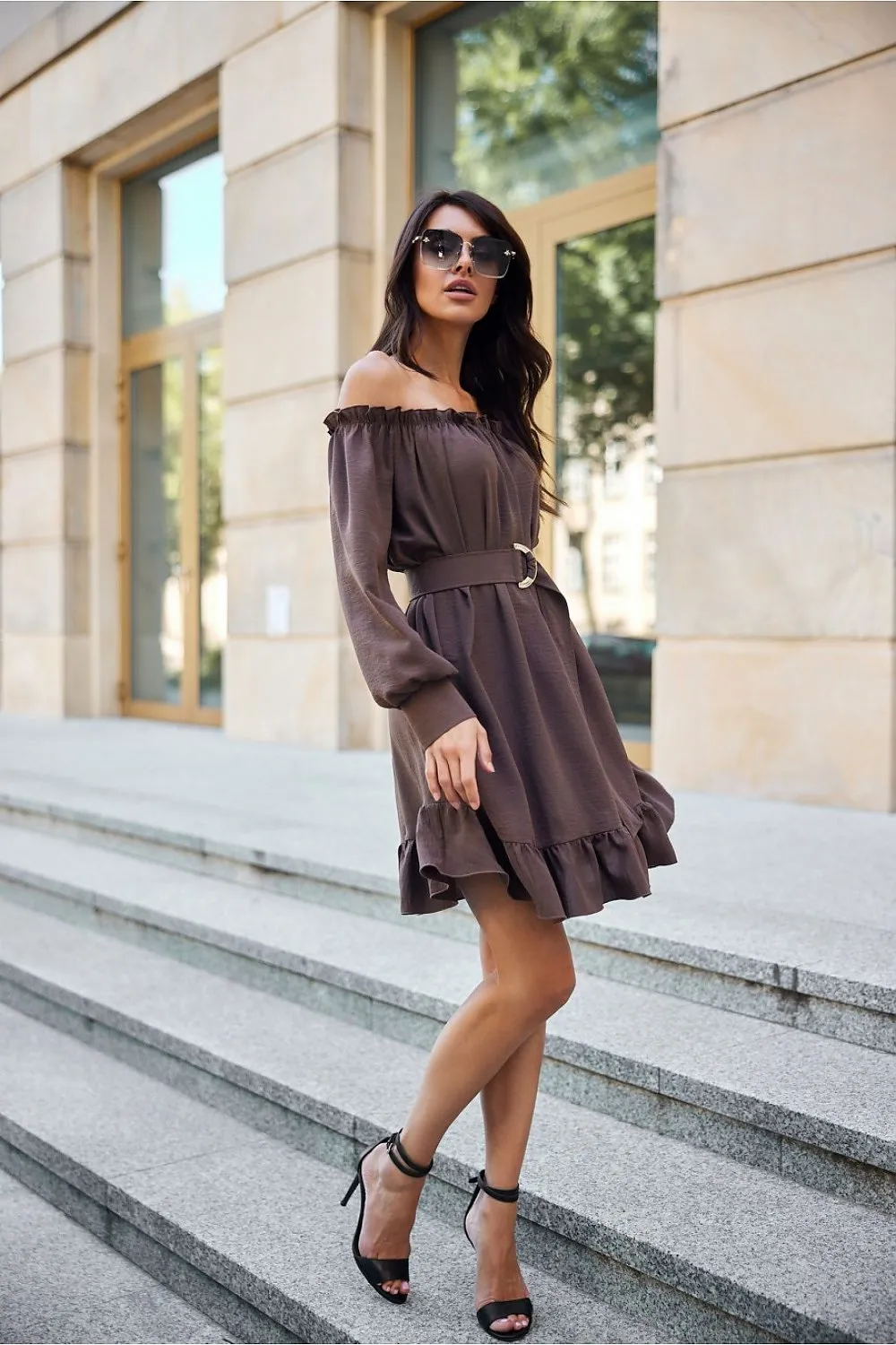 Ruffled Trapeze Dress with Belt