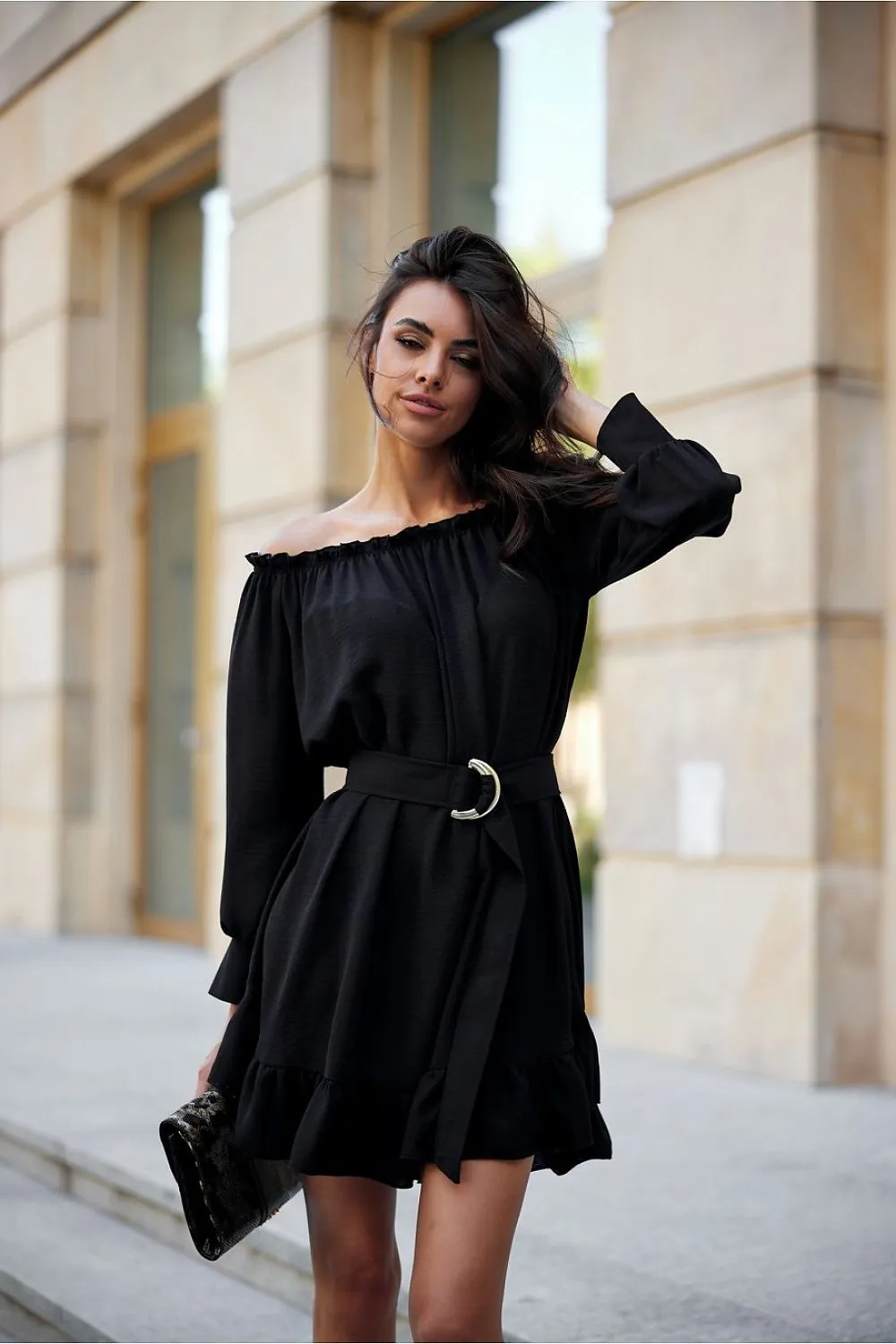 Ruffled Trapeze Dress with Belt
