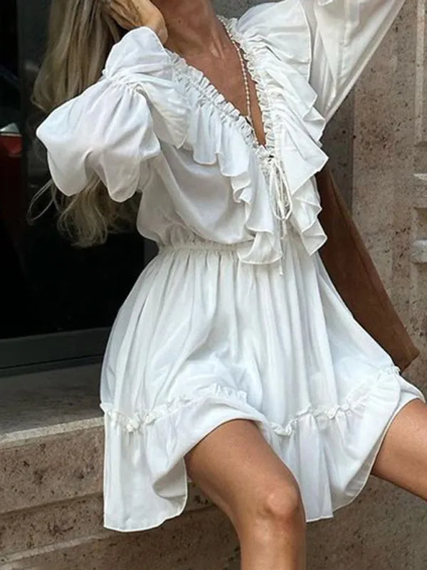 Ruffled V-Neck Mini Dress with Smocked Trumpet Sleeves