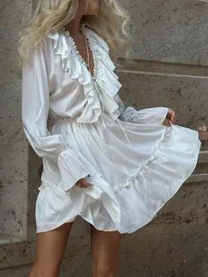Ruffled V-Neck Mini Dress with Smocked Trumpet Sleeves