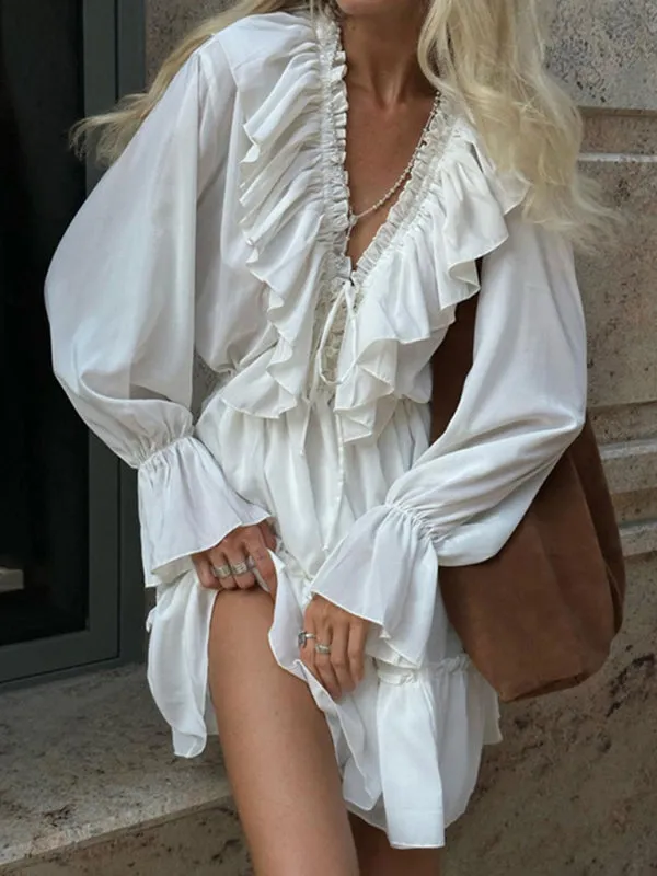 Ruffled V-Neck Mini Dress with Smocked Trumpet Sleeves