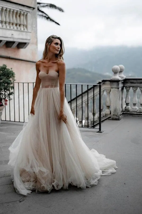Rustic Tulle Pleated A-line Sweetheart Wedding Dresses, Bridal Gown, MW624