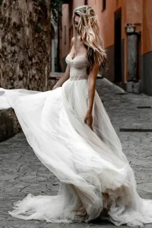 Rustic Tulle Pleated A-line Sweetheart Wedding Dresses, Bridal Gown, MW624