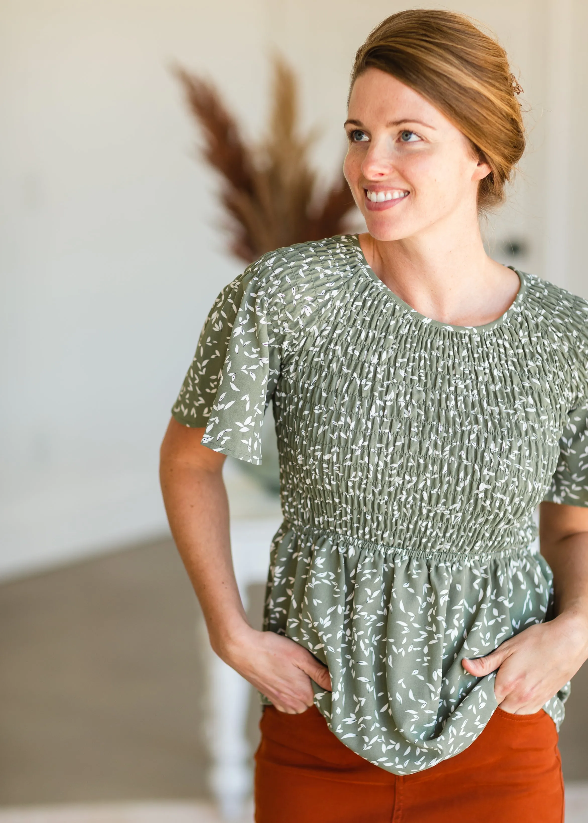Sage Floral Smocked Peplum Top - FINAL SALE