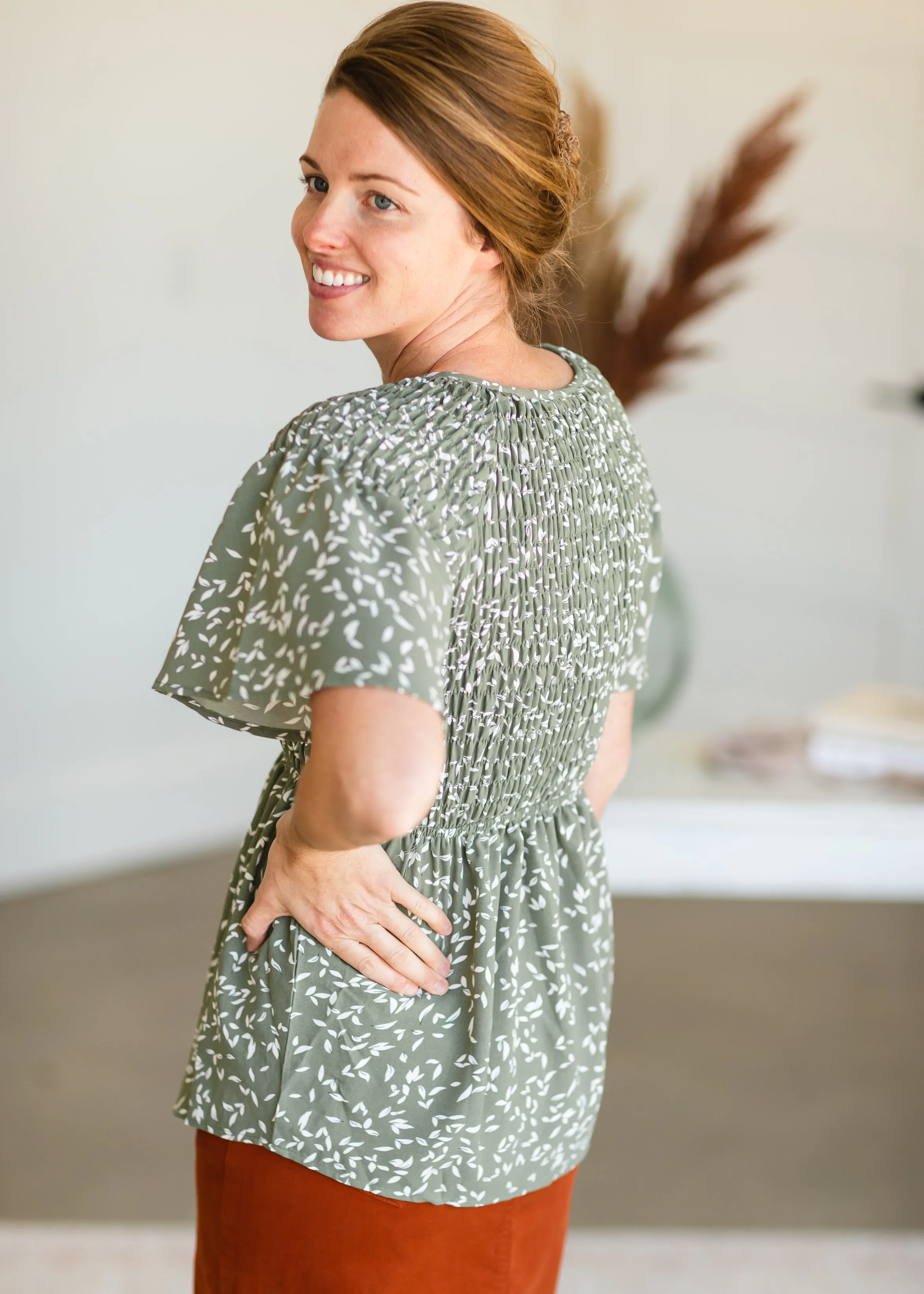Sage Floral Smocked Peplum Top - FINAL SALE