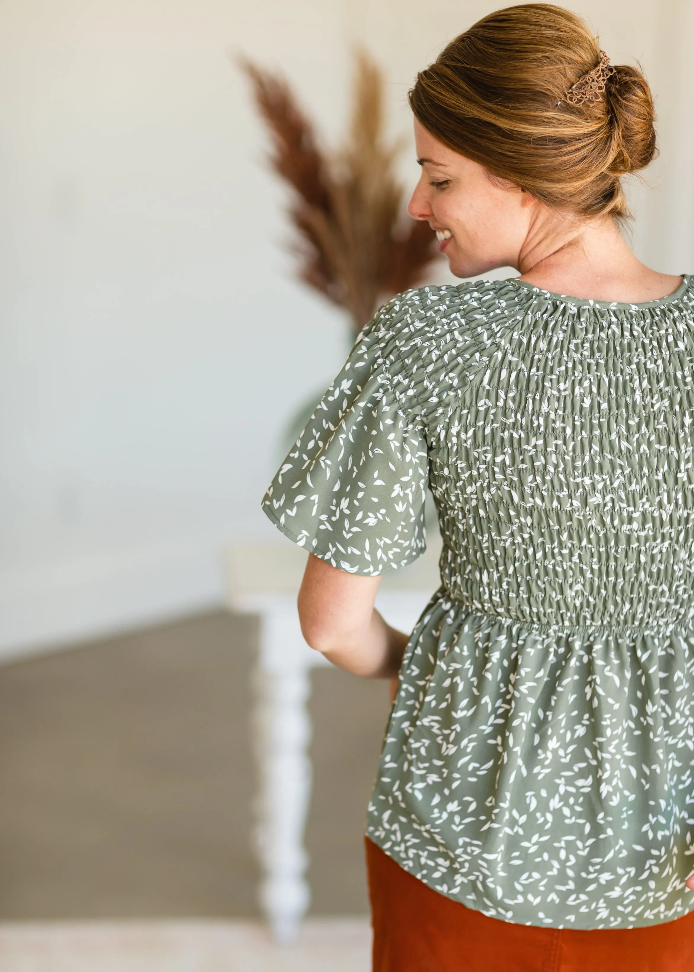 Sage Floral Smocked Peplum Top - FINAL SALE