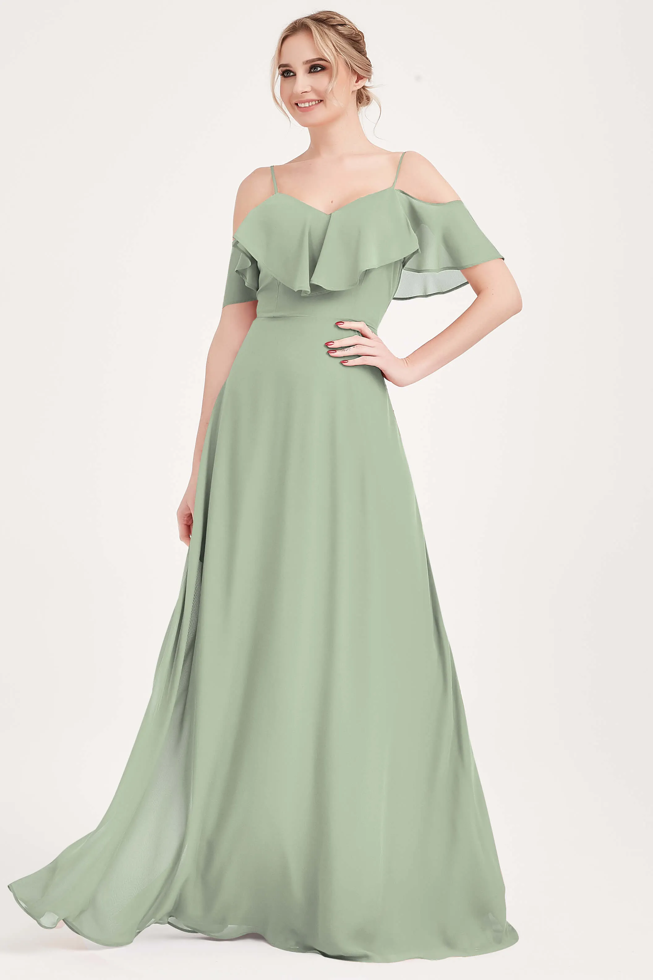 Sage Green 1 Of 3 Ways Chiffon Convertible Bridesmaid Gown with Sleeve