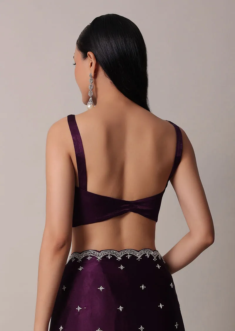 Same Color Purple Satin Chinon Saree With Stone Work