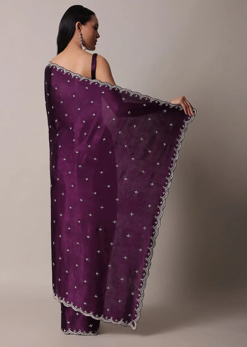 Same Color Purple Satin Chinon Saree With Stone Work