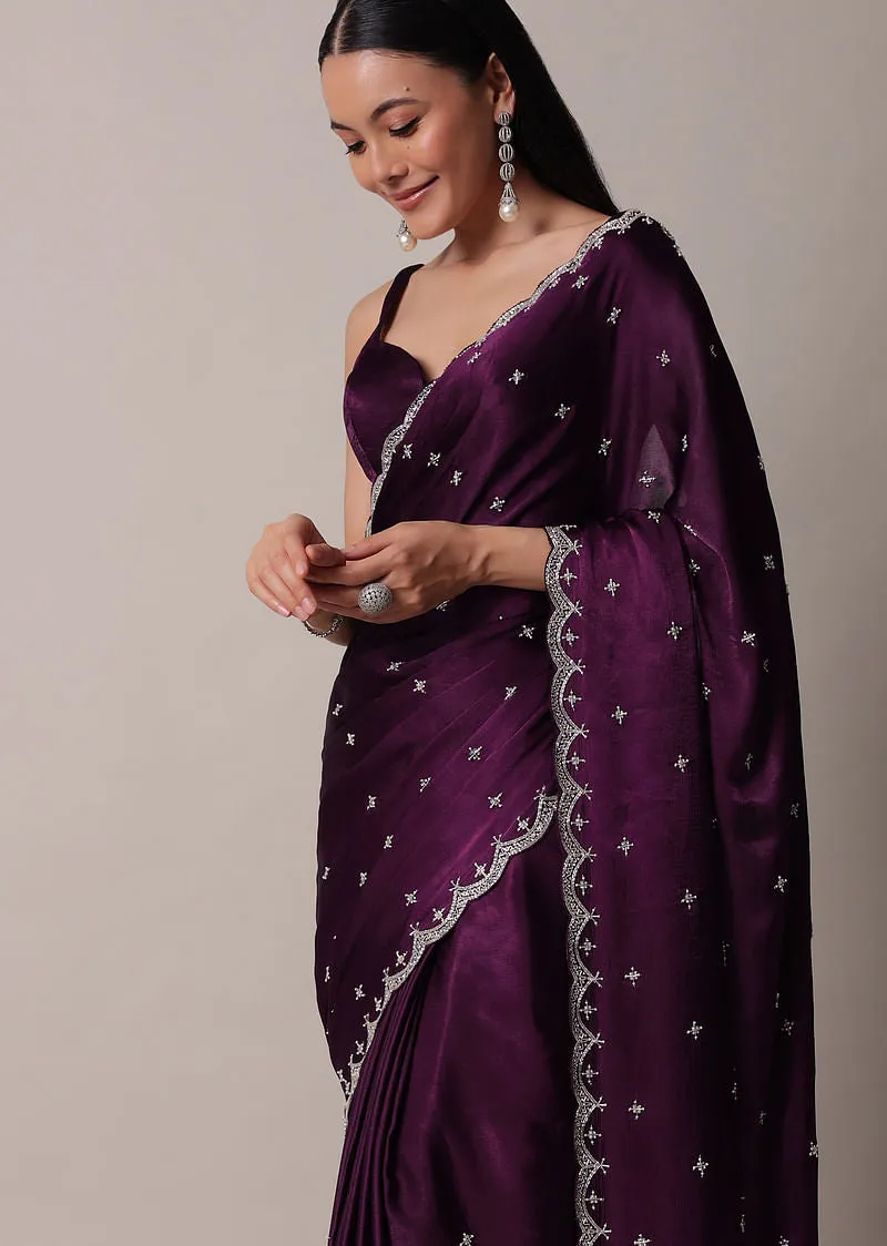 Same Color Purple Satin Chinon Saree With Stone Work