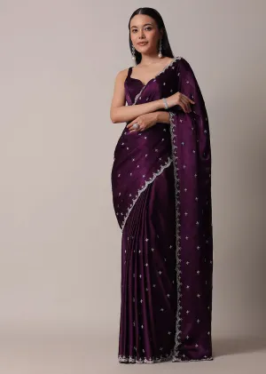 Same Color Purple Satin Chinon Saree With Stone Work