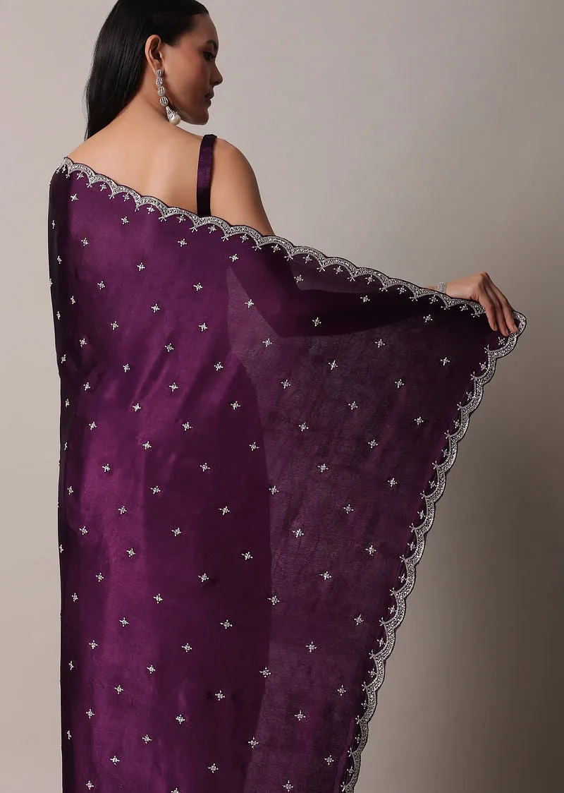 Same Color Purple Satin Chinon Saree With Stone Work