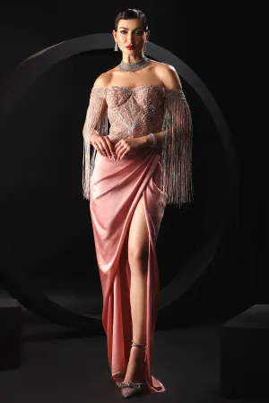 Satin & Tulle Embroidered Peach Draped Gown