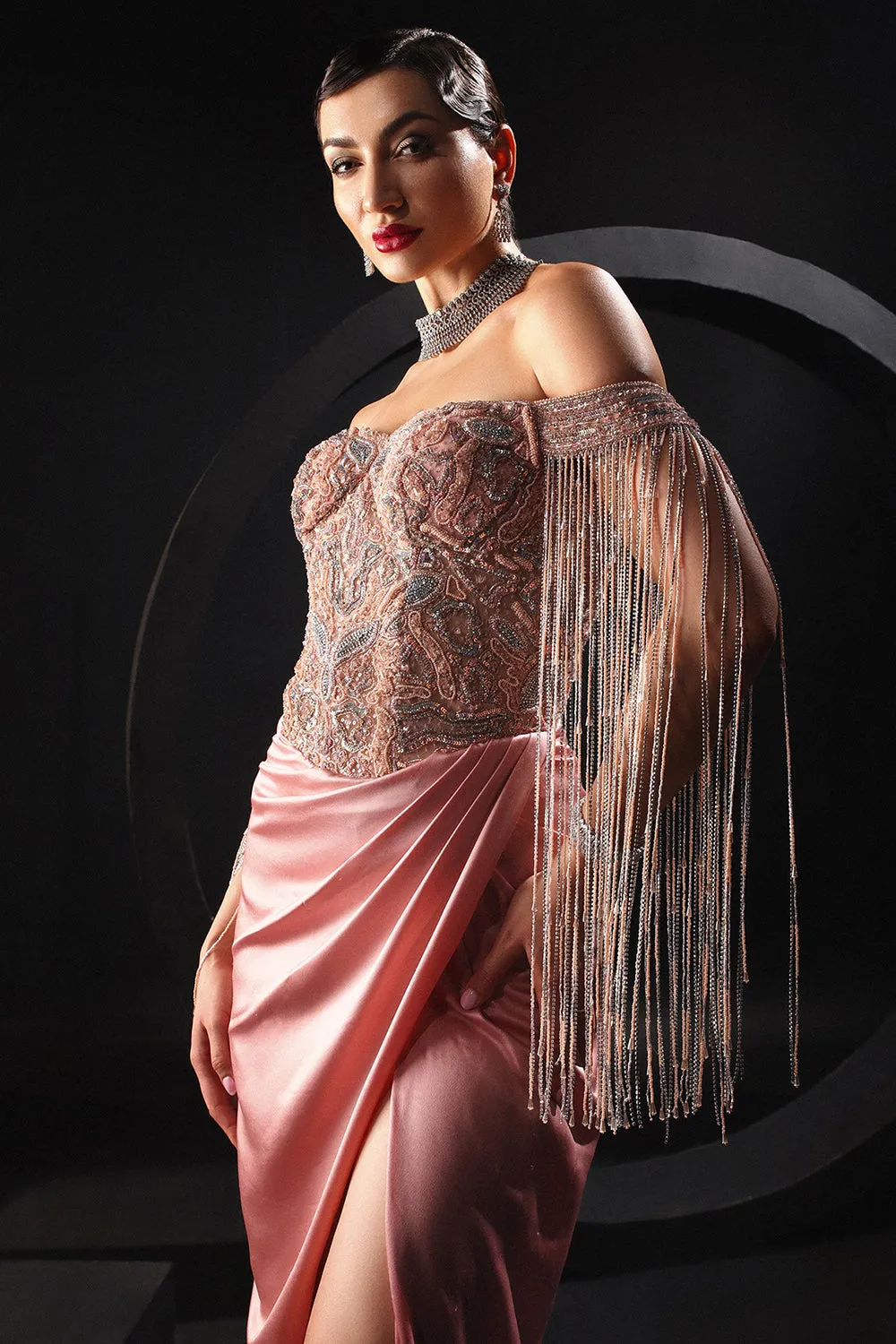 Satin & Tulle Embroidered Peach Draped Gown