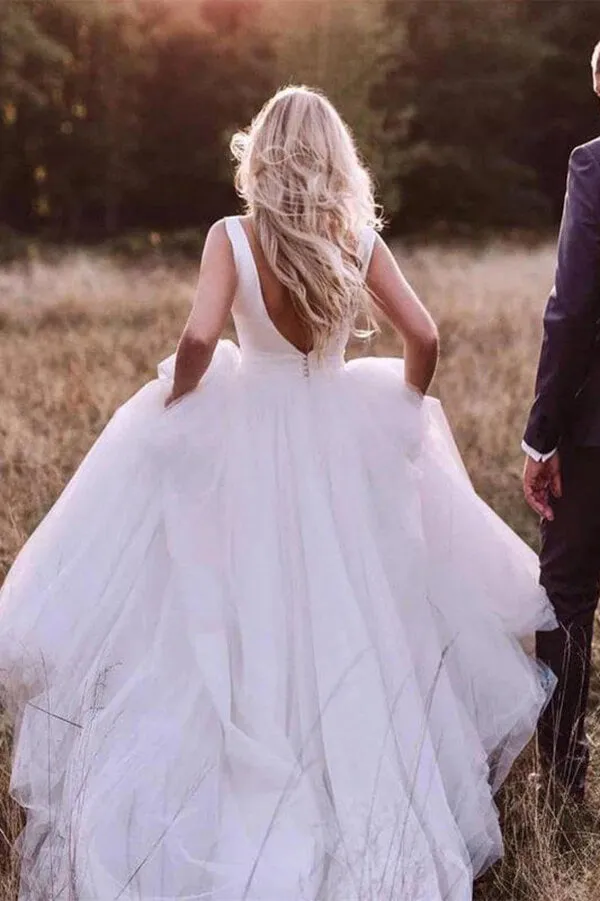 Satin Tulle A-Line Bateau Sleeveless Wedding Dresses With Bow, MW554