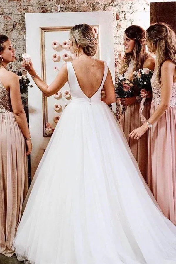Satin Tulle A-Line Bateau Sleeveless Wedding Dresses With Bow, MW554