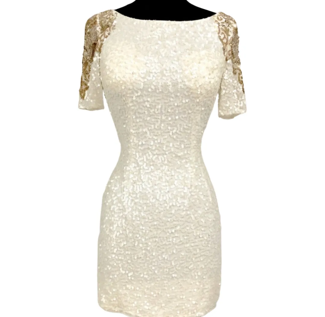 SCALA White Short Sleeve Sequin Short Dress Size 0