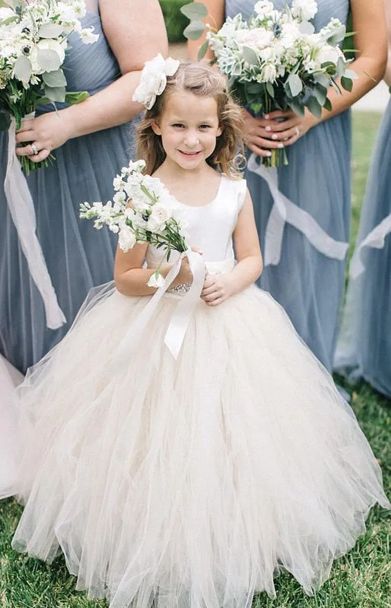 Scoop Neck Tulle and Satin Flower Girl Dress with Rhinestones Belt