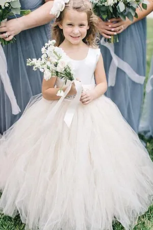 Scoop Neck Tulle and Satin Flower Girl Dress with Rhinestones Belt
